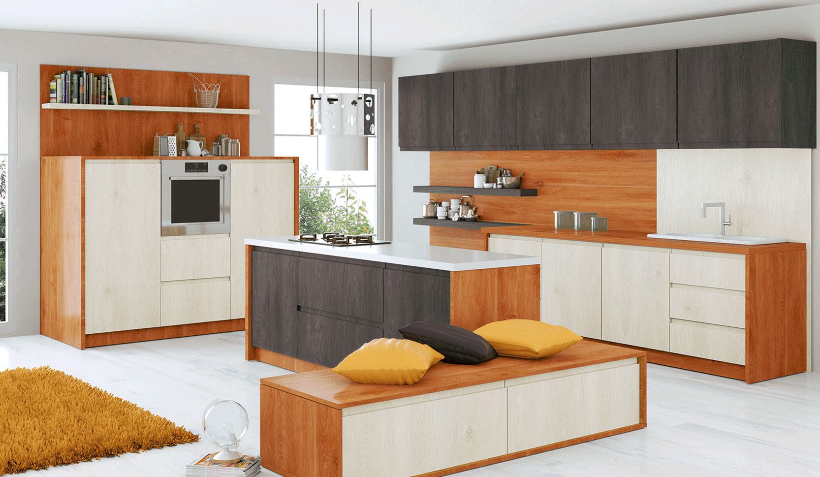 Cocina moderna blanca, gris y madera, grupo acb